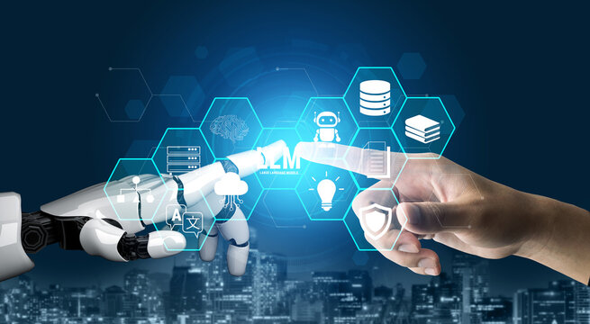Interaction Between Human Hand and Robot Hand with Digital Interface Representing Technology and AI Advancements in Future Urban Landscape Fluxor.