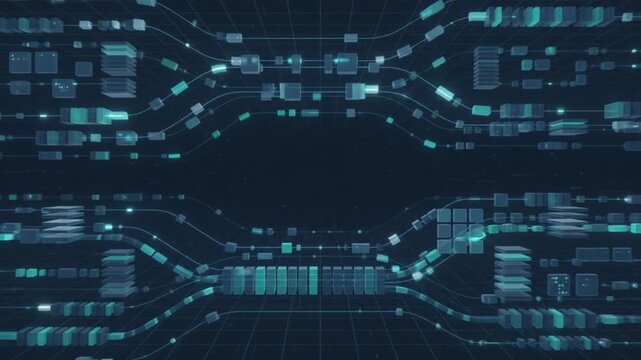 Organized database streams and abstract data blocks flow through structured digital lanes, ideal for analytics, data management, enterprise software, and cloud infrastructure.
