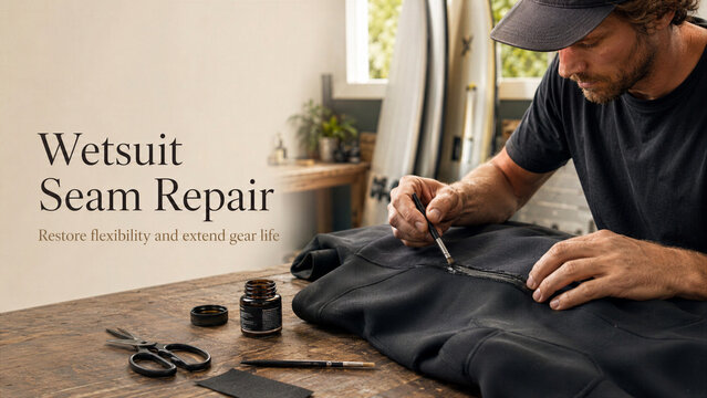 A man is seated at a table in a room with a surfboard in the background. He focuses on repairing a wetsuit seam. Tools are around him