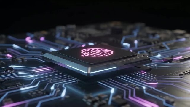 Close-up of a central processing unit with a glowing pink brain icon on a complex blue circuit board.