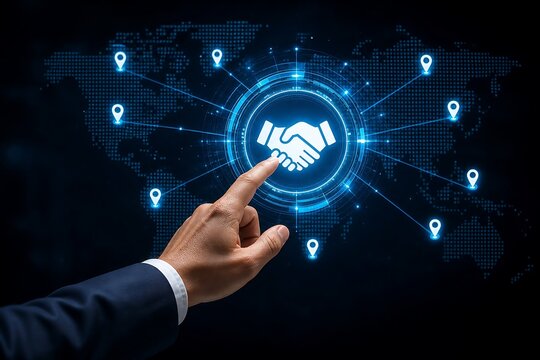 Hand pointing at digital handshake icon with glowing network connections on dark background