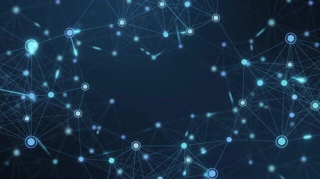 Abstract AI neural network with connected nodes and flowing data pulses, ideal for machine learning, automation, enterprise software, analytics, and technology presentations.