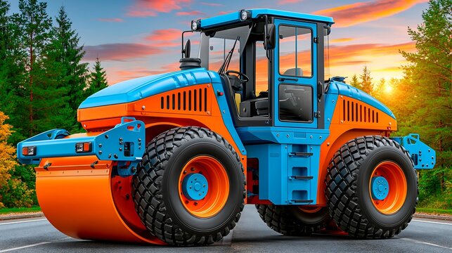 Vibrant steamroller working on a road during golden hour with lush green trees and a warm sky