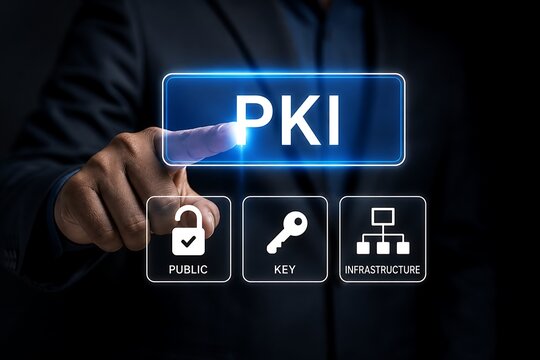Hand pressing pki button with security icons in dark professional setting