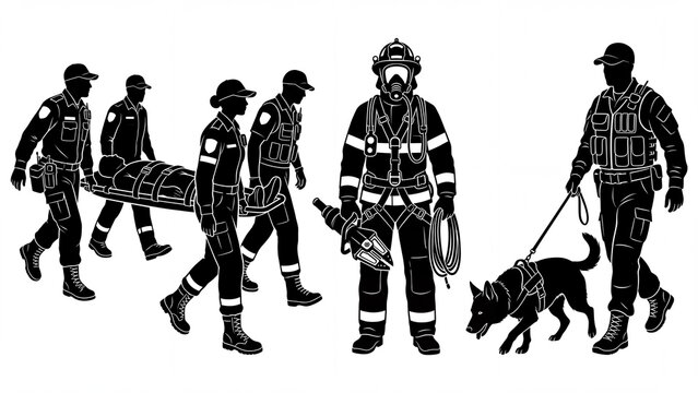 Emergency rescue team with stretcher firefighter and K9 unit representing disaster response and safety services isolated on white background