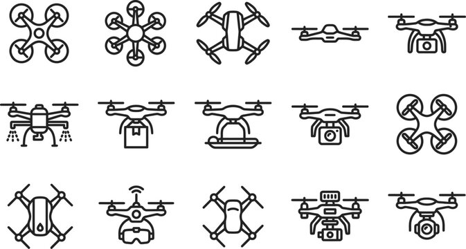 Set of various drone and quadcopter icons in a hand drawn sketch style for technology and aviation