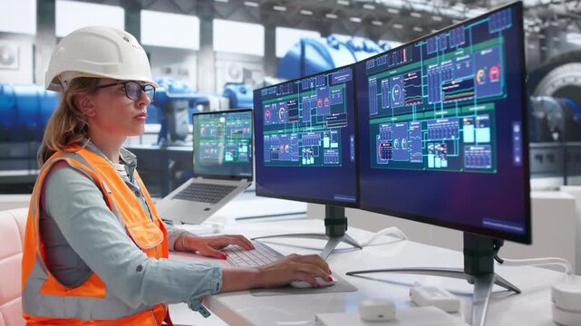 Woman Operating Large Engine Control Panel Inside Busy Gas Plant