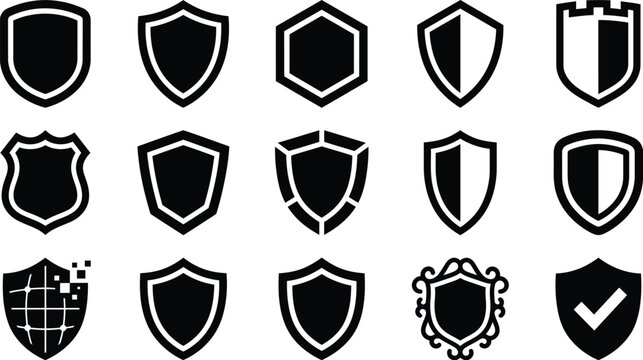 Set of various black shield icons representing security protection defense safety and cyber security concepts