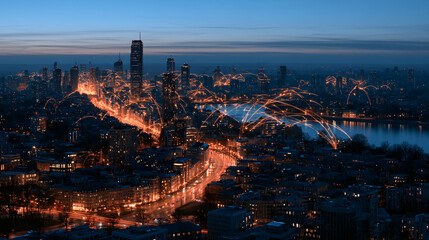 Naklejka premium Smart City Digital Network Data Flowing Through Night Urban Skyline with Wireless Connection Lines