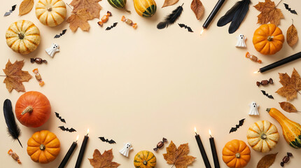 Obraz premium Festive halloween background featuring a blank paper frame surrounded by decorative pumpkins autumn leaves and small black bats for seasonal celebration