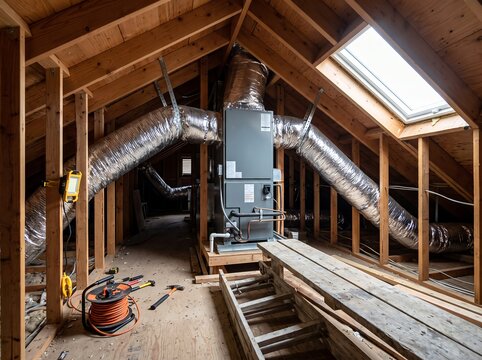住宅改修中の屋根裏部屋にある空調設備と換気ダクト