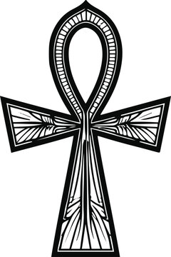  A single ancient Egyptian ankh symbol with elegant symmetrical geometry and subtle carved-line details, ultra clean vector line art, bold black outline only, thick stroke, single object, minimalist, 
