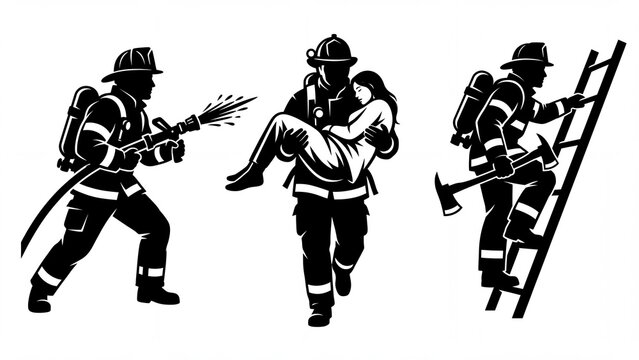 Collection of firefighter silhouettes performing rescue duties vector illustration for emergency services and safety concepts isolated on white