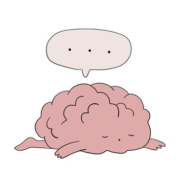 Tired brain sleeping, mental health, doodle illustration 
