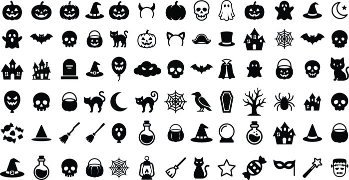 Halloween Black Silhouette Icon Collection Featuring Pumpkins, Ghosts, Bats, Skulls, Witch Hats, Haunted Houses, Spiders and Spooky Symbols