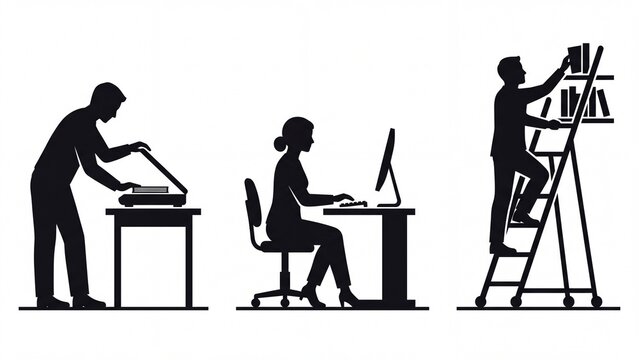 Silhouettes of individuals engaged in office and library tasks depicting administrative work and information management concepts isolated on white