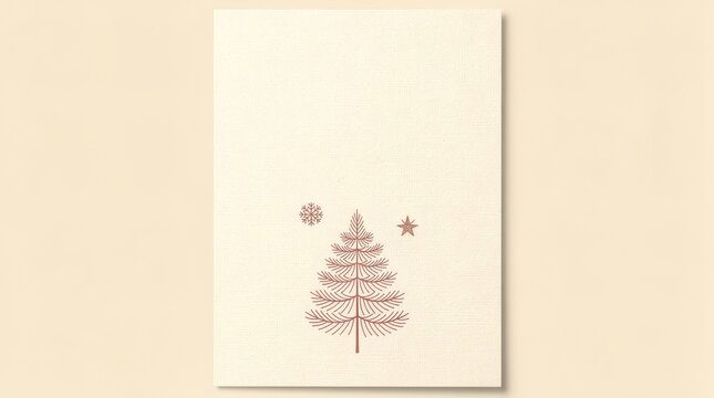 Christmas tree illustration with a snowflake and star on a minimal beige card background.