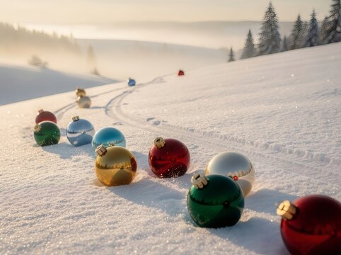 Christmas baubles lie in a row across a snowy hill during winter season.