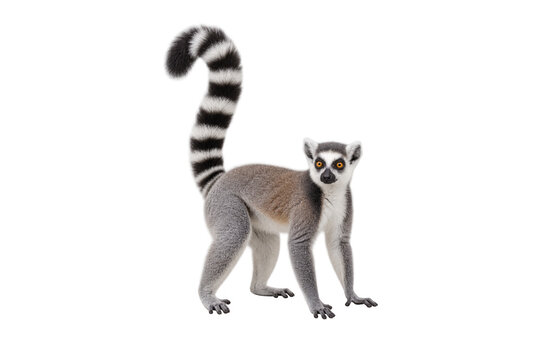Ring-tailed lemur standing with its long black and white striped tail raised, isolated on a clean white background. Full-body view of a Madagascar primate with gray fur and bright orange eyes