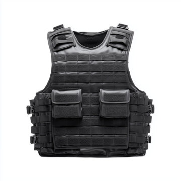 Black tactical military plate carrier vest isolated on white background