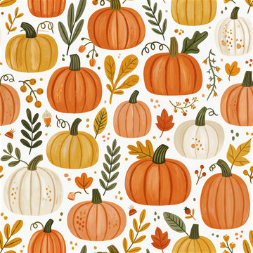 Pumpkin fall seamless pattern hand painted repeat autumn leaf orange botanical watercolor illustration with gourd, vine, berry, acorn, foliage on white background