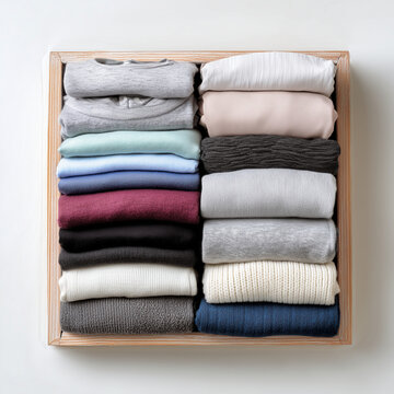 Stack of neatly folded colorful clothes on shelf isolated on white background