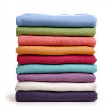 Stack of neatly folded colorful t-shirts isolated on white background