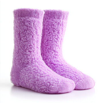 Pair of purple cozy fluffy winter socks isolated on white background