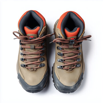Pair of leather hiking boots isolated on white background