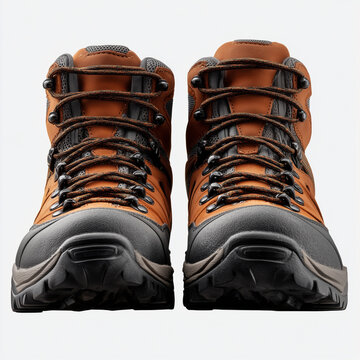 Front view of brown leather hiking boots isolated on white background