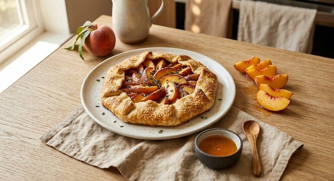 Homemade peach galette pastry with sliced fruit on wooden table kitchen