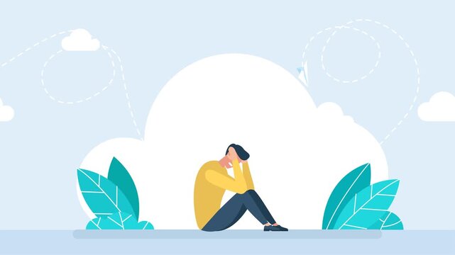 Guy sitting on the floor with anxiety. Holds his head. Frustrated man with a nervous problem feels anxiety and confusion of thoughts. Mental disorder and chaos in consciousness. 2d flat animation