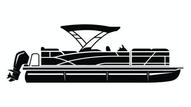 A minimalist black silhouette illustration of a modern pontoon boat on a white background