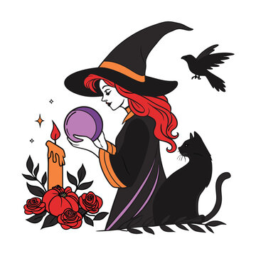Mystical witch vector illustration with crystal ball. Halloween sorceress with black cat and raven. Gothic magic art for occult designs.