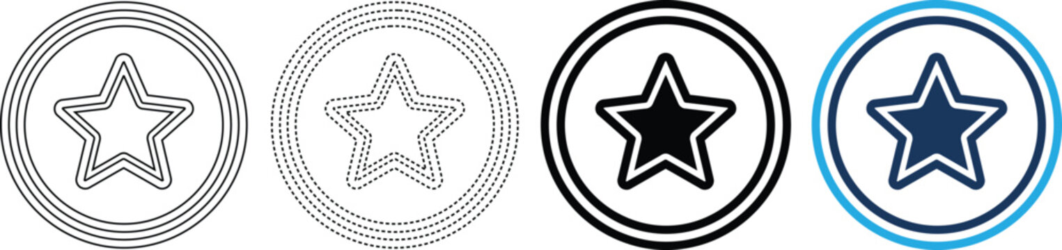 Circular star icon in outline and filled styles with black and blue color variations for interface elements.