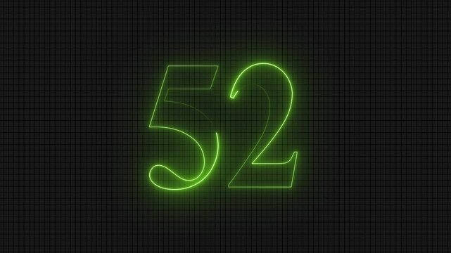 Neon glowing digital number fifty-two on grid