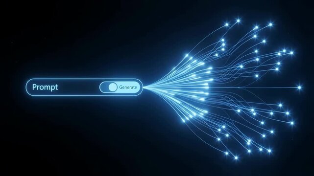 Futuristic digital interface animation of an AI prompt bar generating glowing blue data streams on a dark background.