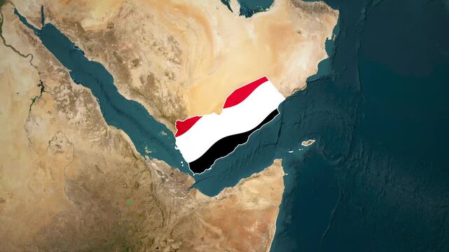 Global satellite map zooming in on the territory of Yemen marked by its national flag