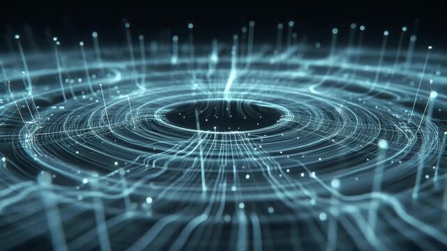 Swirling luminous lines forming a circular digital pattern in futuristic style on a dark background, a concept of technology