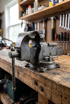 Close up of a heavy duty workbench vise mounted to a garage bench edge