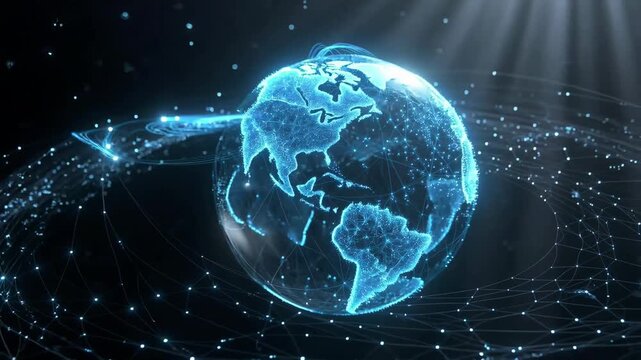 Digital globe with glowing network lines in futuristic style on dark background, concept of global connectivity