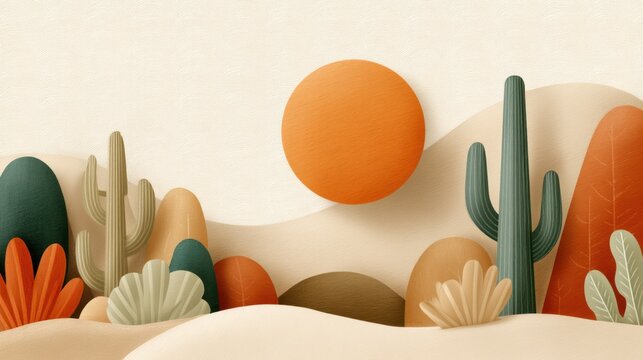 Stylized desert landscape, featuring cacti, sand dunes, and a vibrant orange sun