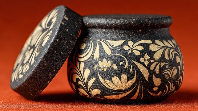 Antique Black Ceramic Jar with Intricate Floral Design.