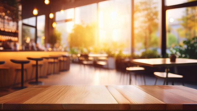 Empty wooden table with blurred modern cafe and restaurant interior background at sunset