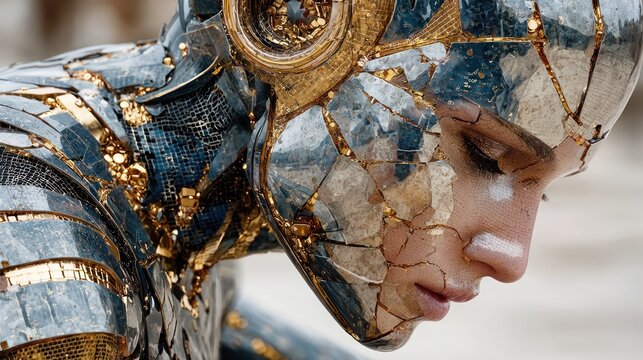 Close-up of a person with fragmented metallic armor and intricate golden details on their head and face