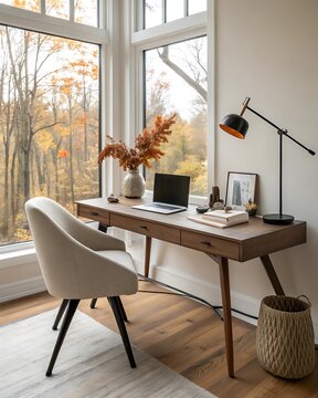 Modern home office workspace with laptop wooden desk and comfortable chair overlooking a beautiful autumn forest view through large windows