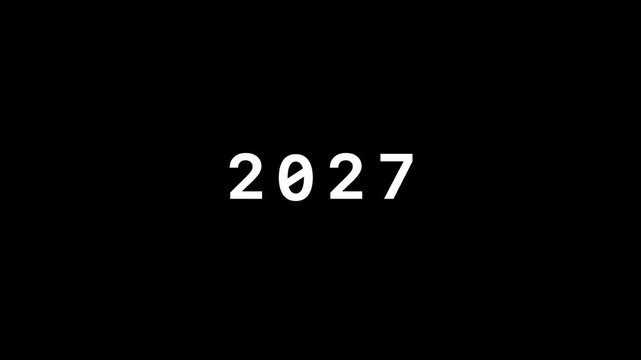 Black screen shows white numbers. Digits glitch and shift between 1945 and 2027.