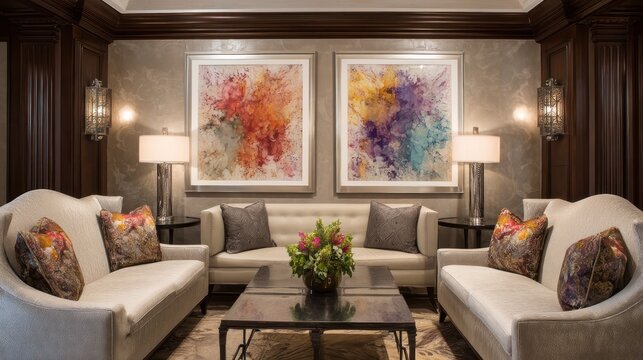 Formal seating area with sofas, artwork, lamps, and a coffee table, illuminated by wall sconces