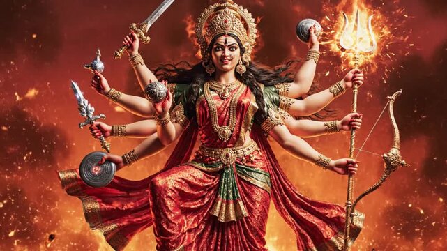 Goddess durga defeating mahishasura amidst flames