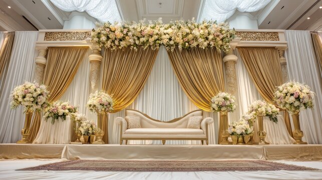 Elegant wedding ceremony stage, adorned with flowers, drapes, and a loveseat